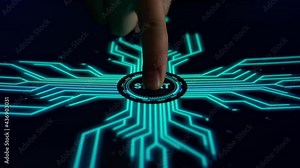 Human Finger Pushes Touch Digital Start Button With Futuristic Artificial Intelligence Spreading Through Internet. Visualization Of Machine Learning, Computer Technology, Neural Network