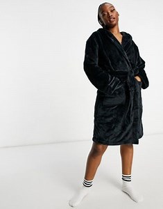 Loungeable luxury fleece hooded robe with satin trim in black | ASOS