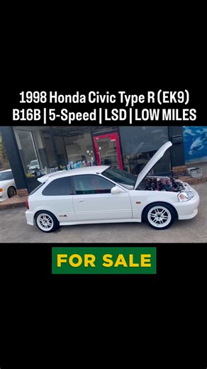 Hikaru Motorsports on Instagram: "1998 Honda Civic Type R (EK9) B16B | 5-Speed | LSD | LOW MILES This isn’t just a Civic — this is Honda at its absolute peak. 🔴 Legendary B16B: hand-ported & polished from the factory, pushing 215 HP properly cared for, and done right. 🕹️ 5-speed manual with front LSD = pure driver’s car. 📉 89,926 km (56,204 miles) Tasteful, period-correct upgrades: • Fujitsubo exhaust (silencer included) • 16” Enkei Racing wheels • ZERO power intake • ZERO Fighter racing head