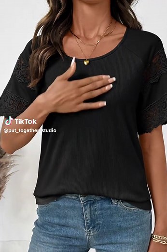 Short Sleeve Ribbed Lace Detailed Blouses#tiktokshop #womenfashion #fashionfinds #outfitinspo #casuaoutfits #momfashion #summeroutfits #blouse #cutetop #paratii