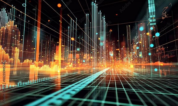 Abstract digital landscape with glowing data points and lines, representing technology and data.