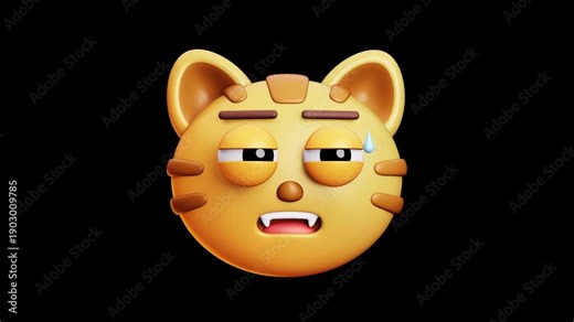 4k Alpha and Seamless Loop Animation of Suspicious Cat Emoji 3D Transparent Video with Nervous Sweating Expression