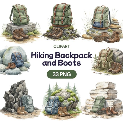 Hiking Backpack and Boots Clipart, Watercolor Camping Gear PNG, Outdoor Adventure Graphic, Nature Trekking Art, Mountain Trail Equipment - Etsy