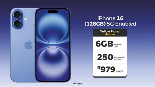 Say Y’ello to the superfast, supersmart iPhone 16 with Apple Intelligence, now available on SA’s best network* for just R979 PMx36 on MTN Yellow Plans Deluxe. Call 083 123 3667, click https://mtn.io/htir9y or visit your nearest MTN store and get yours today! T&C apply | MTN South Africa