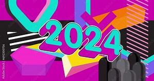 Number 2024 geometrical graphic retro holiday, New Year theme background video. Minimal geometric elements animation. Vintage abstract shapes illustration for advertising.