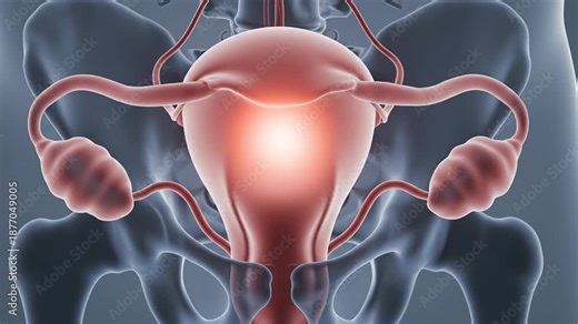 Medical animation showing the ovulation cycle inside the female reproductive system with the ovaries, fallopian tubes, and uterus highlighted in a realistic 3d scientific visualization