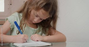 Sweet little girl does exercise writing with pen in notepad