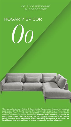 Vuelve nuestra Financiación Total 0,0 para clientes con Tarjeta El Corte Inglés en electrónica, electrodomésticos, hogar, moda y mucho más. Solo del 22 de septiembre al 2 de octubre en tiendas, web y app. Consulta condiciones. bit.ly/3KbMPvF | El Corte Inglés