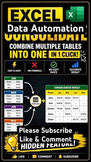 Combine Multiple Excel Tables into One Using the Consolidate Feature | No Formula Needed #excel #vba