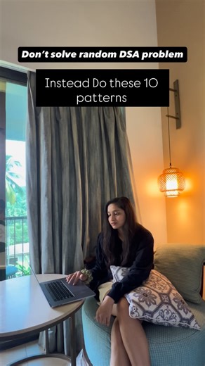 Upasana Singh on Instagram: "Most people struggle with DSA not because it’s hard… but because they practice it randomly. DSA isn’t about solving more questions. It’s about recognizing patterns. Once you start seeing patterns — Two Pointers, Sliding Window, Binary Search, Recursion → DP — problems stop feeling new. The logic repeats. Confidence builds. Interviews become predictable. Stop chasing question counts. Start mastering patterns. That’s when DSA finally clicks. Save this if you’re prepari