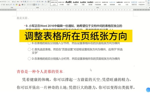 调整表格所在页纸张方向