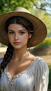 A woman with a braid and a straw hat looks off into the distance