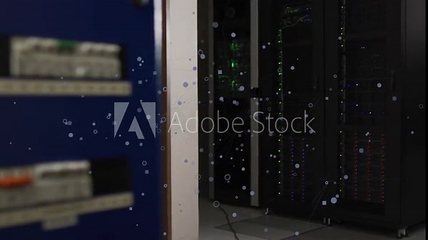 Camera shifting focus to server racks right, LEDs pulsing, particles drifting for data center audit