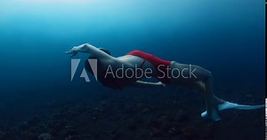 Free diver slim woman glides underwater with fins on deep blue ocean. Freediving in transparent blue sea