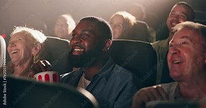 People, audience and cinema or laughing at movie for comedy film festival, performance or entertainment. Man, popcorn and humor in auditorium theatre or chair rows for watching, screening or funny