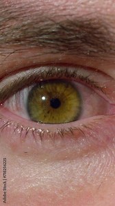 Vertical video of Beautiful male brown eye blinking and mindful looking next to the camera, extreme close up low angle view. Perspective, perception, and eyesight concepts.