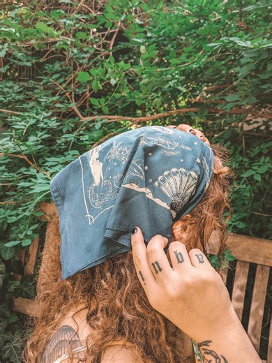 Mermaidcore Cotton Scarf | Sea Creature Headscarf Bandana | Nautical Vintage Print | Ocean Lover Gift - Etsy