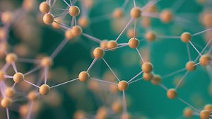 Smooth movement of a geometric shape animated in space in the form of a molecular lattice.