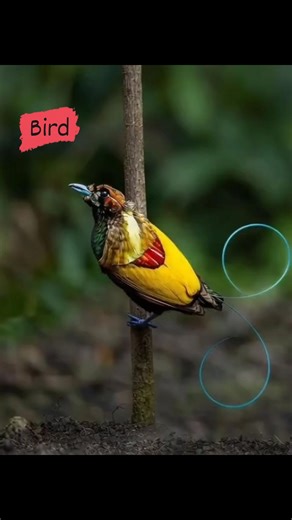 The bird in the image is a male Magnificent Bird-of-paradise (Diphyllodes magnificus). This species is known for its striking appearance and elaborate courtship displays. Appearance: The male Magnificent Bird-of-paradise has a yellow body with a red patch on its wing, a dark head, and two long, wire-like, blue tail feathers that curl into a circular shape. Habitat: It is a tropical species found in the forested mountains of New Guinea. Behavior: The males perform complex dances to attract female