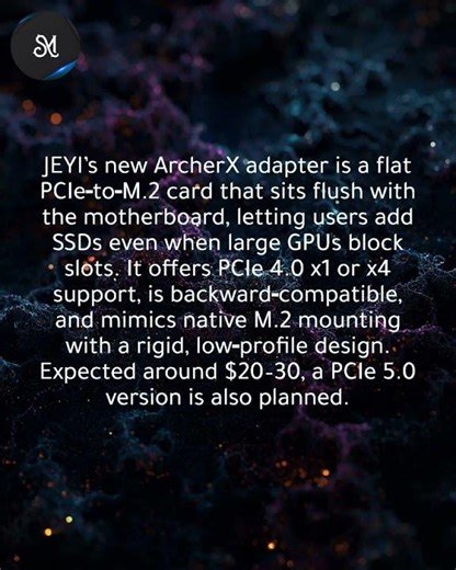 Flat M.2 adapter sits flush, freeing GPU‑blocked PCIe slots with PCIe 4.0 support