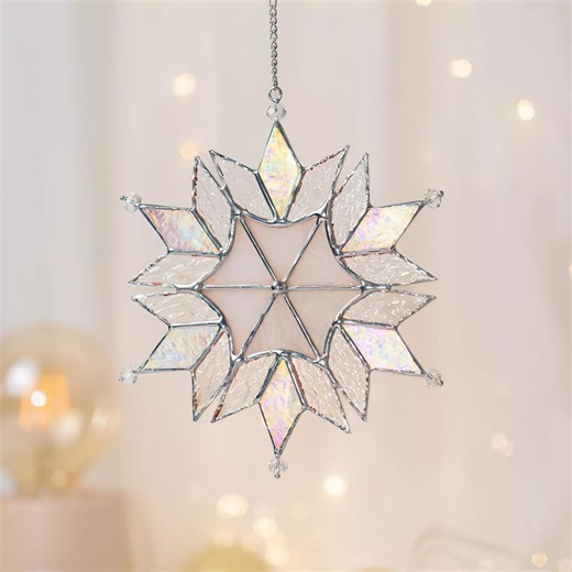 Snowflake Stained Glass Ornament With Iridescent Glass, Handmade Winter Suncatcher, Christmas Window Decoration, Festive Holiday Decor - Etsy
