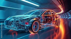 Electric Car Speed Tunnel: Futuristic electric car design concept, transparent chassis, neon lights, high speed, technology, innovation