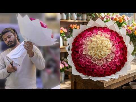 How To Make 101 Rose Round Bouquet | 5 Color Gradient Flower Design