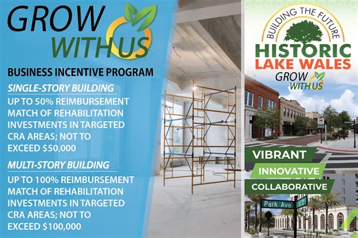 Entrepreneurs and investors interested in expanding or relocating their business operations to Lake Wales, FL. may explore the City’s various incentive programs. Visit us at the Central Florida Business Expo on Wednesday, September 24th, Lakeland Florida. https://cflbe.com/show-schedule/ The Business Incentive The Business Incentive Program offers qualified applicants up to a 50% reimbursement match of rehabilitation investment in targeted CRA areas (single-story building); not to exceed $50k. U