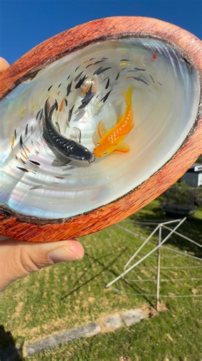 Kisses 😘 Hand painted 3D fish couple on 8 layers of resin in a Paua shell with wooden base. #Handmade #art #resin #3D #acrylicpainting #fish #couple #kiss #Paua #shell #wood #craft #home #decor | Sisi art gallery