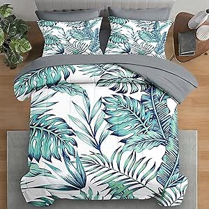 Comforter Set Queen Size, Blue Beach Geometric 7 Pcs Bedding for Kids and Adults, Palm Leaf Floral Tree Bed Sheet Sets with Fitted Sheet 2 Pillowcases & 2 Shams for Bedroom Bed Decor