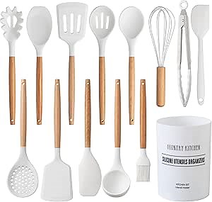 Country Kitchen Non Stick Silicone Utensil Set with Rounded Wood Handles for Cooking and Baking, 14 Piece Set, White