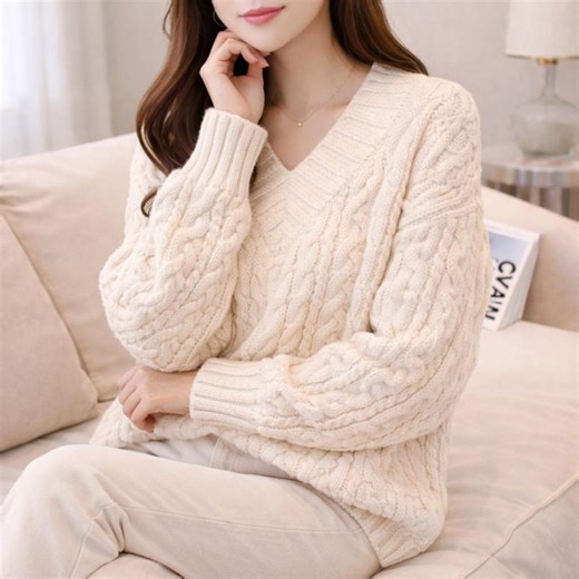 Cable Knit V-neck Sweater, Oversized Chunky Pullover, Cozy Long Sleeve Women’s Jumper, Soft Textured Knit Top - Etsy