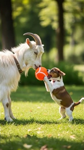 Goat plays football with a puppy both try to steal the ball #viralvideo #trendingnow #youtubeshorts