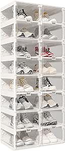 ANTBOX Foldable Shoe Rack,Shoe Organizers for Closet Plastic Shoe Storage Box Space Saving for Entryway, Large Sturdy Stackable Sneaker Cabinet Bins with Magnetic Clear Door 8 Tiers 16 Pairs