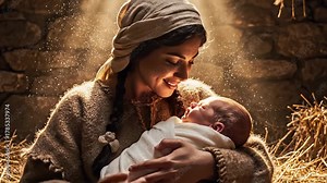 Generative ai Religious nativity scene, Virgin Mary watching newborn Jesus under Bethlehem star, biblical restoration video - serenity and Christian faith. Christian Christmas concept