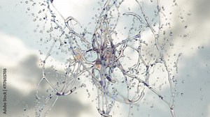 Water or oil drops colliding with splash on sky and clouds background. Slow motion. Engine oil visualization. Oil film effect.