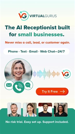 80% of customers won’t call twice. Miss them once, and they’re gone. A friendly, conversational AI receptionist from Virtual Gurus answers instantly — so you never lose business to voicemail or delays again. Answers calls, text, chat, and email — 24/7, from one place. Never miss a lead or customer again. | Virtual Gurus