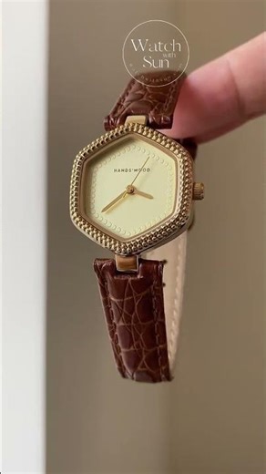 WatchwithSun | Sophisticated Gold Hexagonal Beaded Case Woman Watch Brown Leather #watch
