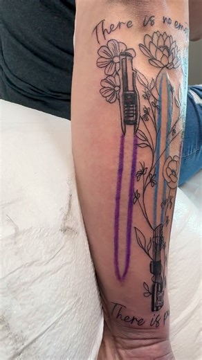 Fine line Star Wars piece today with some cutesy little flowers and lightsabers. I’m booking November and December now, message me to book yours today! #shadowlighttattoo #finelinetattoos #starwarstattoo #tattoosforwomen #linework #jedi #jedicode | Shadowlight Tattoo