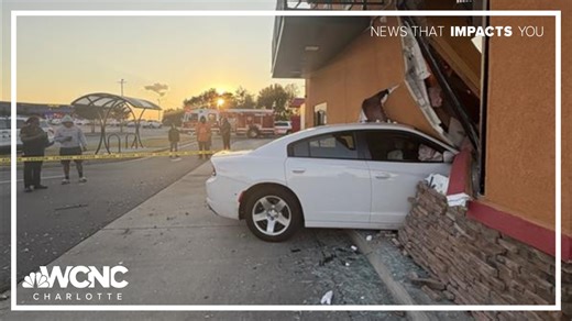 No word yet on what led up to this car crashing into a Charlotte Popeye's on Nov. 1, 2025. One person was treated for non-life-threatening injuries. | WCNC Charlotte