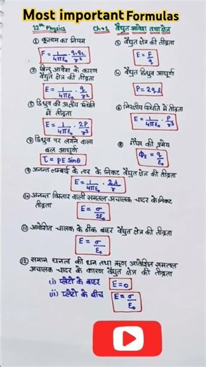 Class 12 physics chapter 1 formulas 🔥#physics #shorts #shortsfeed #class12physics #viralvideo #yt