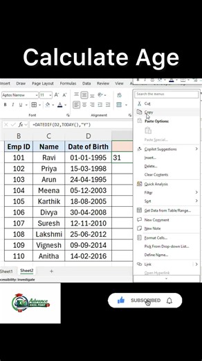 Calculate Age in Excel Using DATEDIF Formula | Easy Trick ⏳🔥 #ExcelTips #DATEDIF #excelformula