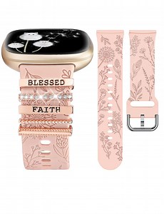 TOYOUTHS Decorative Ring Loop Compatible with Fitbit Versa 4/Versa 3/Sense 2/Sense Band Women, Cute Soft Silicone Dandelion Flower Pattern Sport Designer Fancy Summer Strap for Versa 4 (with Band)