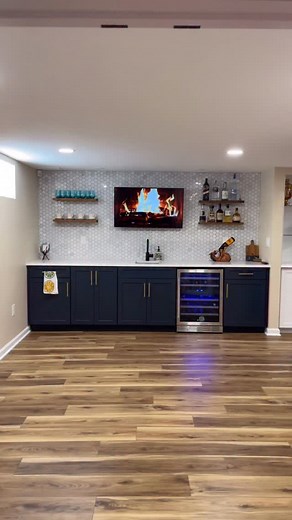 No basement is too small to be fabulous! 😍 • • #smallinteriors #basementremodel #kitchenette #builtin #familyroom #designbuild #basementdesign | Finished Basements NJ