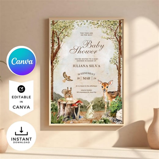 Watercolor Forest Animals Baby Shower Invitation, Editable Nature Theme - Etsy