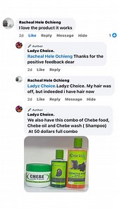 🌟 Unlock Your Hair's Potential! 🌟 Say goodbye to thinning hair CHEBE HAIRFOOD & CHEBE OIL Benefits: Rapid hair growth Hairline restoration Increased hair volume Enhanced thickness and length 0921 506 905 Nairobi 🇰🇪 Kigali 🇷🇼 Kampala 🇺🇬 Juba 🇸🇸 #HairCare #HairRestoration #RapidGrowth #VolumeAndLength | Ladyz Choice.