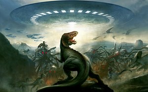 Dinosaurs and aliens battle under a UFO Rare Gallery wallpaper