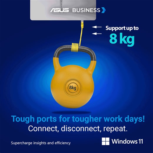 Port Tested Ever tugged your laptop by accident because a cable is still plugged in? No worries. The ExpertBook passes the Port Durability Test, with ports that can withstand up to 8 kg of hanging weight. It also offers one of the most complete I/O port selections in its class — RJ45 Ethernet, HDMI, and USB Type-C — each tested up to 15,000 cycles, three times tougher than the industry standard. Smooth workflow, worry-free business. | ASUS
