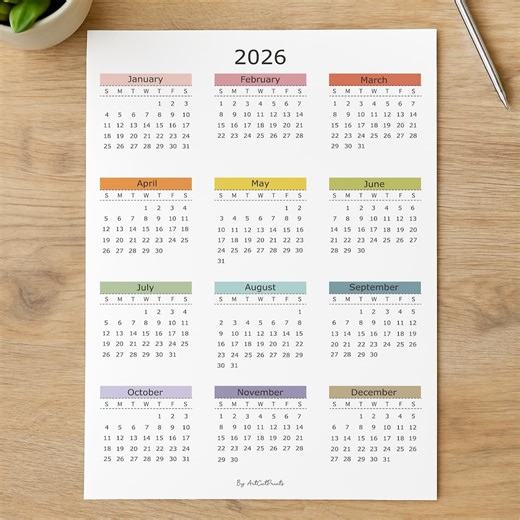 2026年カレンダー（印刷可能）、パステルミニマル年間プランナー（PDFダウンロード） - Etsy 日本