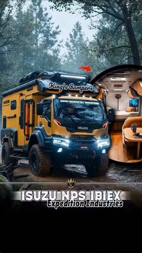 King's Campers on Instagram: "ISUZU | NPS | “Expedition Industries” – AI digital design heavy-duty overland rig built on a lifted NPS 4x4 chassis: steel winch bumper with rated recovery points, raised snorkel, reinforced rock sliders and roof rack carrying deployable solar panels plus a full-width flood light bar. rear-mounted spare carrier and beadlock-style wheels wrapped in aggressive m/ts complete the stance. inside, a warm wood-trimmed cabin houses a full galley, functional dinette and fixe